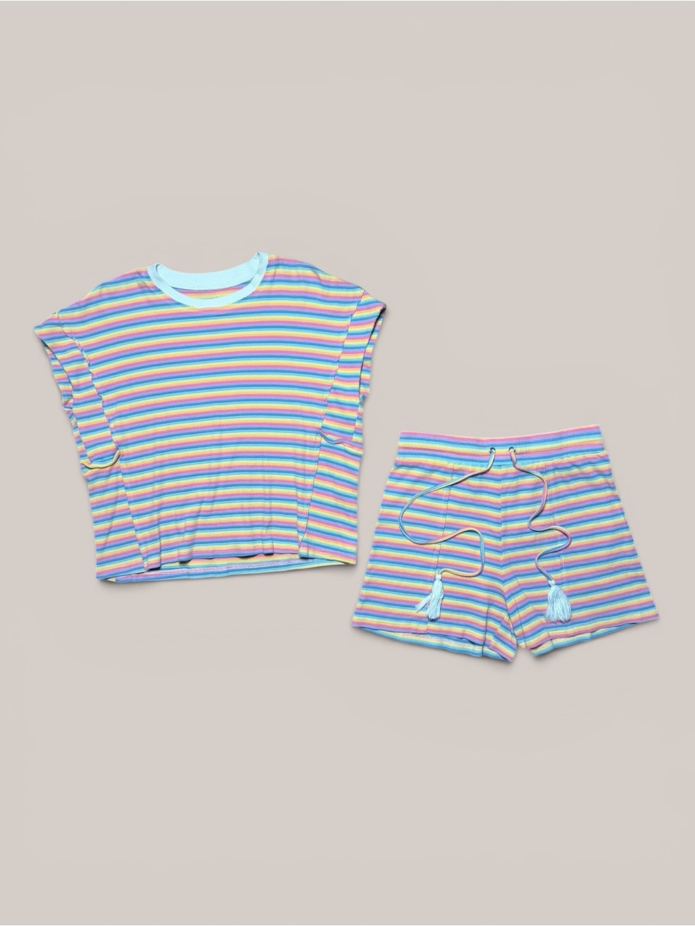 Rainbow Striped Round Neck Top and Shorts Matching Set